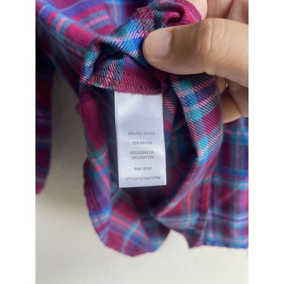 The Pioneer Woman Pink Blue Purple Plaid Peasant Top Flannel Embroidered Size XX - Picture 8 of 8